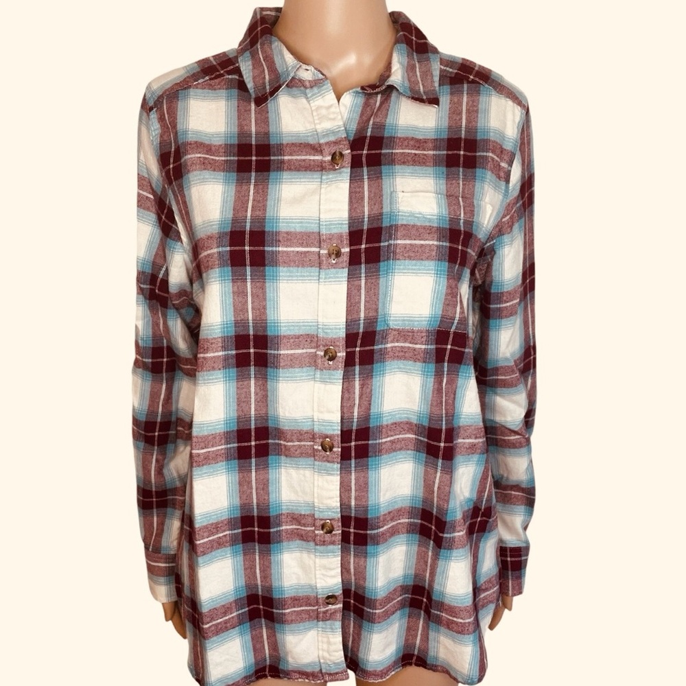 SO Women’s Plaid Button Down Flannel Relaxed Fit Maroon Blue Size M Medium